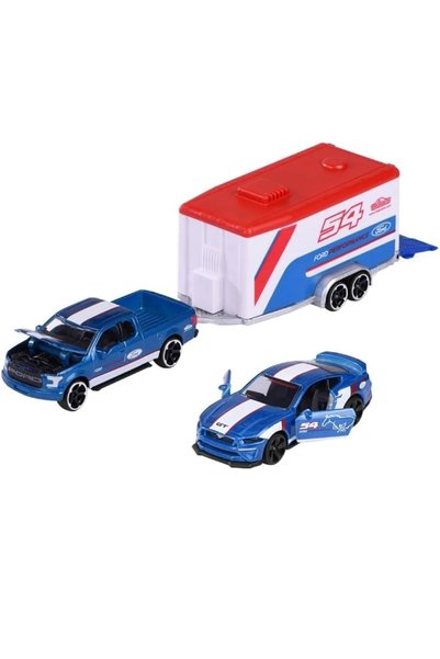 Hotwhells Majorette Race Trailer Ford F-150 Raptor & Mustang GT