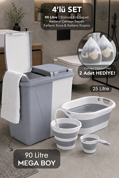 Meleni Home 4'lü Banyo Seti - 90Lt Gri Kirli Sepeti Su Kovası Akordiyon Çamaş...