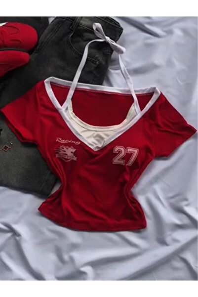 İsra Ayyıldız Moonstar Collection Kırmızı Racing 27 Number Ek Askılı Y2K Kısa...