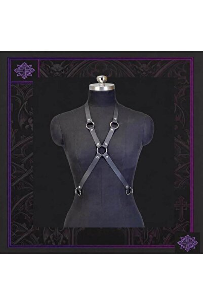 MİRİMORO Kadın Siyah Deri Şeritli Metal Halkalı Harness Göğüs Aksesuarı ve Zi...