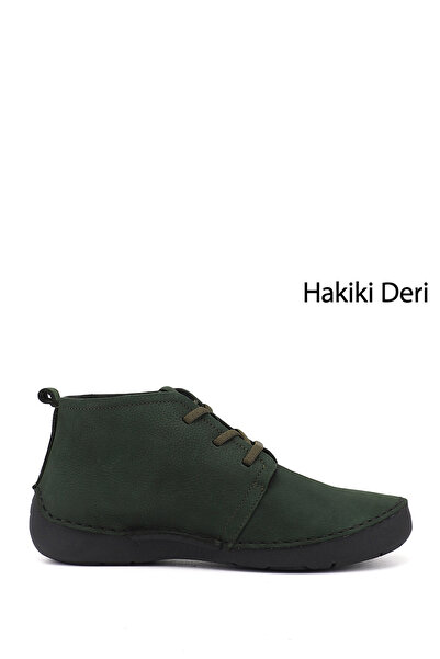 GÖNDERİ(R) Women's Dark Khaki Nubuck Lace-Up Genuine Leather Comfort Boots
