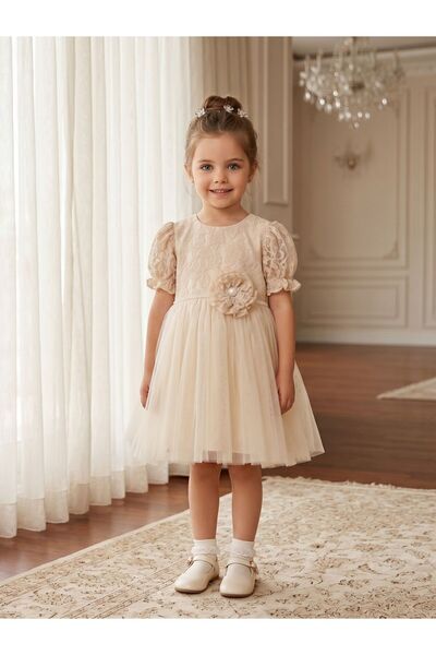 Cherrys Bebek Pearl Embellished Lace and Tulle Detailed Girls' Evening Dress