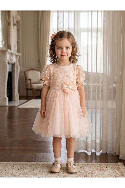 Cherrys Bebek Pearl Embellished Lace and Tulle Detailed Girls' Evening Dress