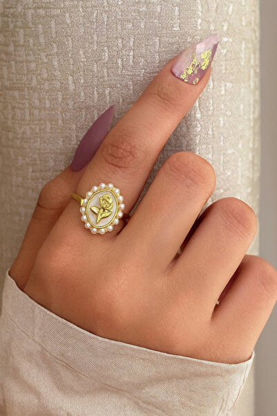 The Collection Rose Pearl Gül İnci Taş Çelik Gül Kolye ve Yüzük Set
