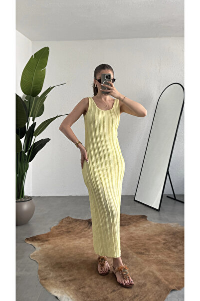 asfamoda Women's Yellow Corded Textured Jacquard Lined Maxi Dress Sleeveless ...