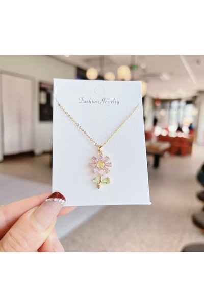 deluxe takı ve giyim Pink Daisy Figured Necklace
