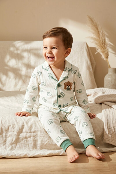 Babydonat Milo Bear Baby and Kids Ribbed Pajama Set - Green Ribbed Teddy Bear...