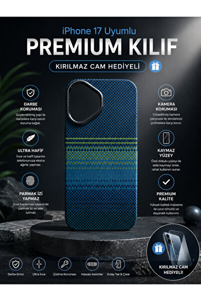 Kırılmaz Cam Hediyeli iPhone 17 Uyumlu Premium Karbon Fiber Telefon Kılıfı - Darbe Korumalı, Kamera Korumalı, Kaymaz Yüzeyli Lüks Tasarım