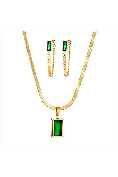 PRETTY LITTLE LADY Green Zirconia Necklace and Earrings set.18 K GOLD PLATED ...