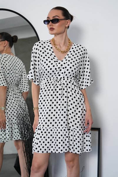 NAVY Batwing Sleeve V-Neck Polka Dot Patterned Mini Dress with Waist Tie Detail