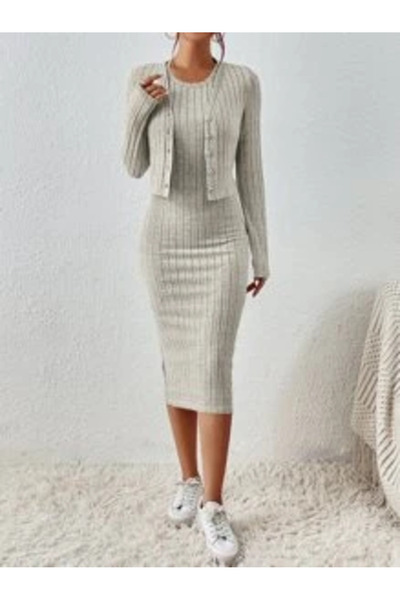 Iuliashop Set cu rochie midi Lucana gri deschis - L