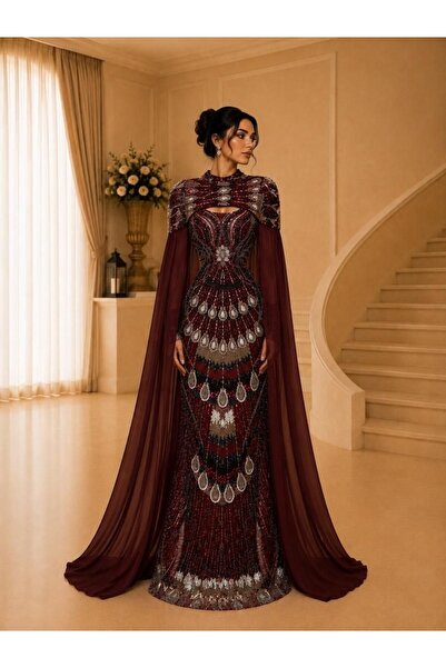 Baskouti dress Beaded Evening Dress with Long Shawl Above the Shoulders