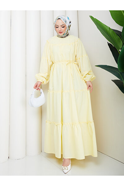 EFSUN MODA فستان من قماش البولي بونيه مع طبقات متعددة من الكشكشة المزينة بالخيوط