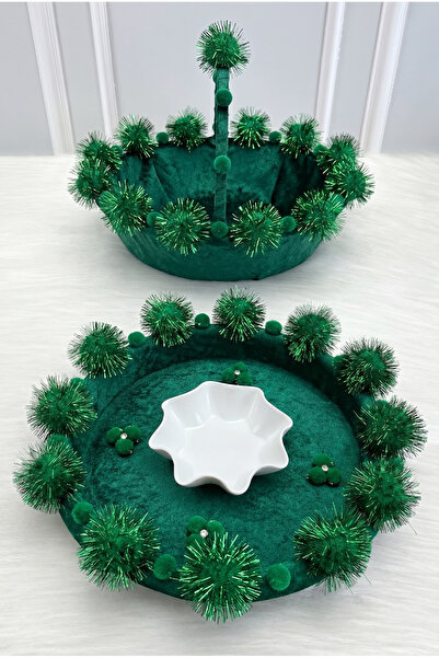 ZEYMERADE Emerald Green Bridal Velvet Henna Night Tray and Basket, with Glitt...
