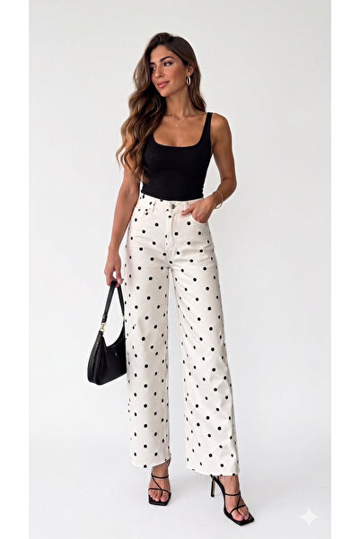 GAMZE ALPTEKİN Premium Branded Polka Dot High Waist Wide Leg Women's Trousers