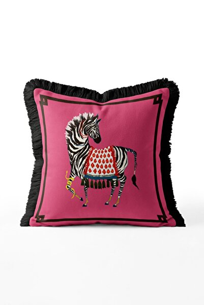 IdeCraft Pembe Zeminli Zebra Figürlü Saçaklı Kırlent Kılıfı - Siyah Püsküllü ...