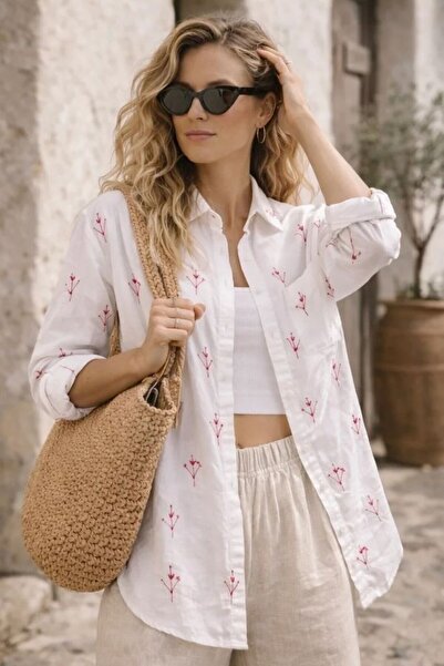 Rouge basıc Comfortable Fit 100% Cotton Embroidered White Linen Textured Shirt