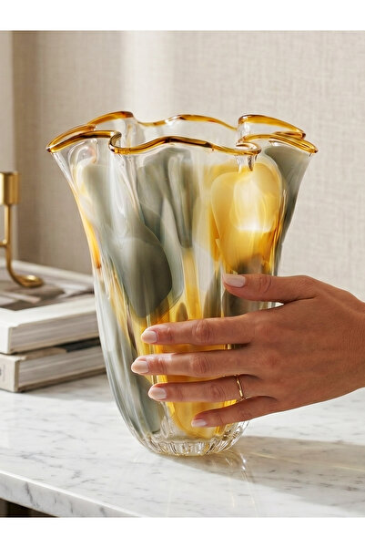 NAHR Handmade Glass Vase with Wavy Design - Thick Glass Flower Vase for Home ...