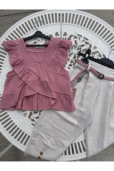 moda rüyası Girl's Top Muslin Bottom Linen Belted Set