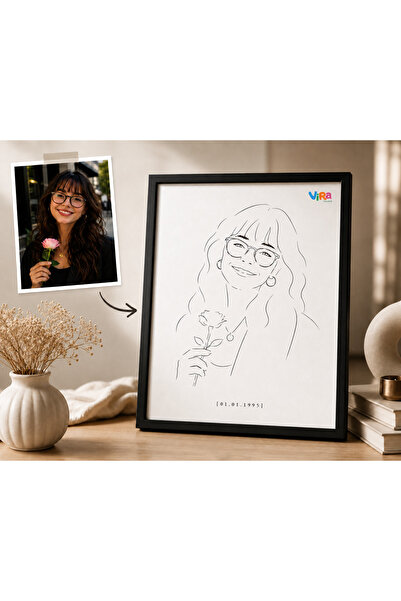 Kişiye Özel Tek Kişi Minimal Line Art Portre Tablo | Çerçeveli