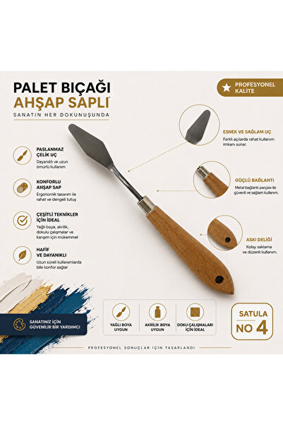 TOMBİ-X Ahşap Saplı Metal Spatula Yağlı Boya ve Akrilik Boya İçin NO:4
