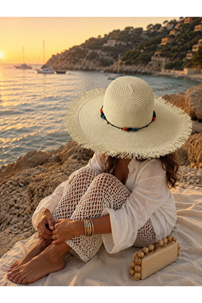 AGAPI Women's Summer Hat Wide Brim Straw Beach Hat with Bead Detail Uv Protec...