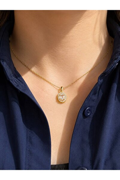 Zirkon Taşlı Oval Madalyon Kolye – Gold