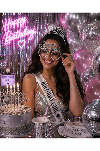 Dizayn Parti Evi Happy Birthday Mika Taç ve Mika Gözlük Seti Gold / Gümüş Ren...