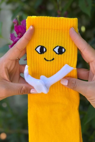 LouSocks Unisex Yellow Hand-Holding Hands and Holding Each Other Cute Face Patterned Socks