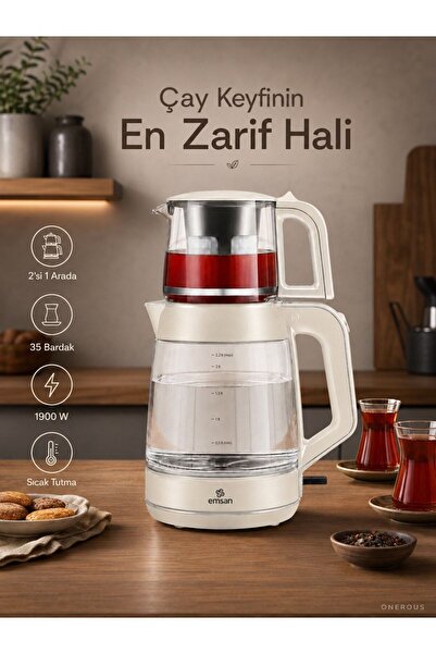 Emsan XL Cam Demlikli Elektrikli Çay Makinesi Çaycı 2 İn 1 Bağımsız Su Isıtıc...