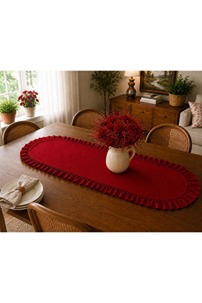 ŞAH TEXTILE DESIGN Oval bordo sık fırfırlı ,pileli keten runner 40x110