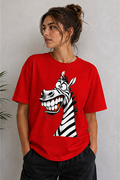 VODEXA Women's Oversize T-Shirt Smiling Zebra Printed 100% Cotton T-Shirt Com...