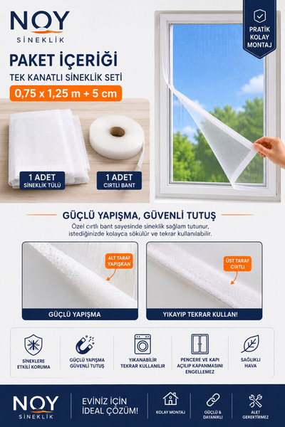 NOY Sineklik Pencere Sinekliği Yapışkanlı Cırtlı Sinek Perdesi Yıkanabilir Tekrar Kullanılabilir 75x125 Cm