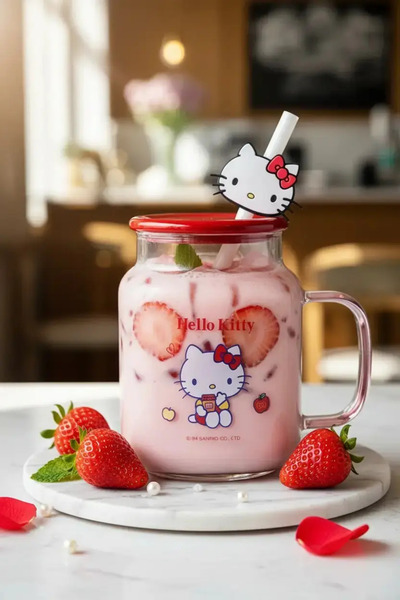 Miniso Sanrio Lisanslı Hello Kitty Kapaklı ve Pipetli Cam Bardak – Figürlü Bo...