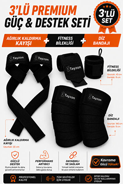 Tayzon 3'lü Powerlifting & Fitness Destek Seti Ağırlık Kaldırma Kayışı + Fitn...