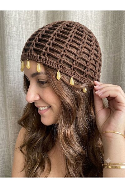 elemeğiürünler Knitted Summer Beanie Beaded Beanie Hair Accessory