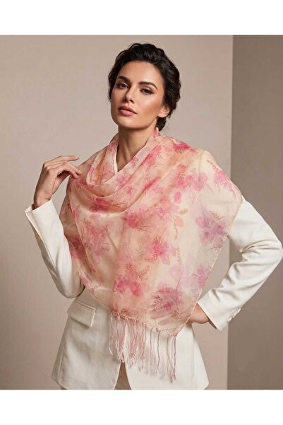 HİZORA SOFT Kadın İpek Şal Ultra Soft % 100 İpek Dikdörtgen Uzun Pembe Çiçek ...