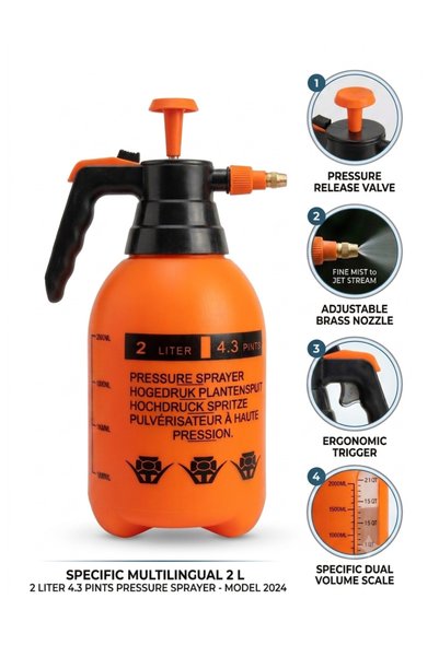 Generic 2L Hand Pressure Sprayer - Adjustable Brass Nozzle - Garden Plant Watering & Cleaning