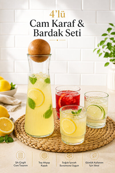 naturelove 4'lü Cam Karaf & Bardak Seti - Top Kapaklı Limonata Meşrubat Meyve...