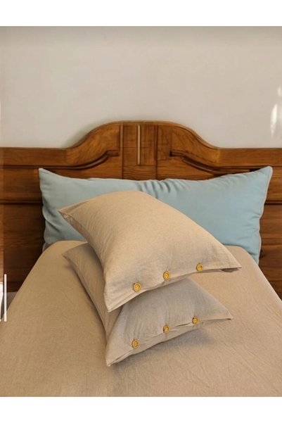 CollessiaHome Double Washable Linen Pillowcase with Wooden Buttons and Elastic Sheet Set