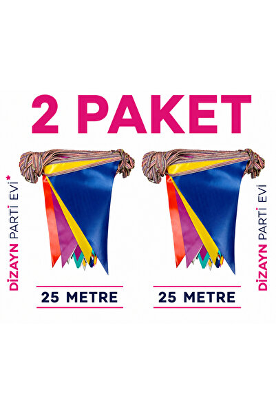 Dizayn Parti Evi Renkli Üçgen Flama Bayrak Süs 25 Metre x 2 Paket Parti Dekor...