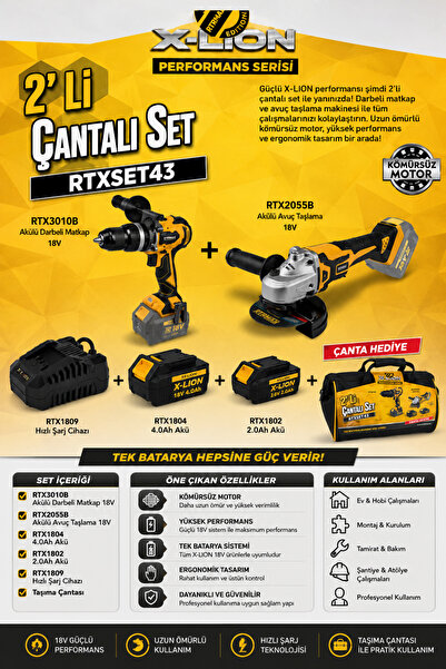 Rtrmax X-LION RTXSET43 2’li Akülü Profesyonel Set – Darbeli Matkap ve Avuç Ta...