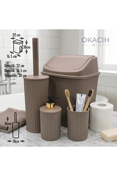 okacih Çizgili 4 Parça Banyo Aksesuar Seti - Antrasit Füme Lüks Sıvı Sabunluklu Tam Set