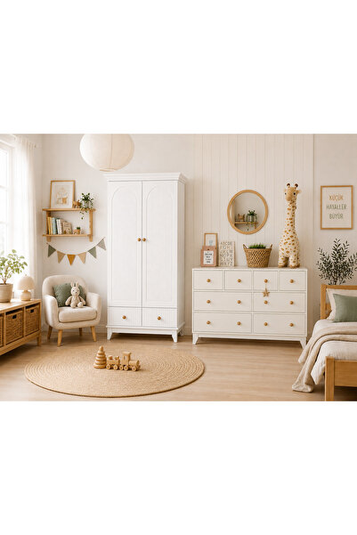 Koza %100 MDF Bohem 2 Kapılı Bebek&Çocuk Gardırop & Bonnie 8 Çekmeceli Şifonyer