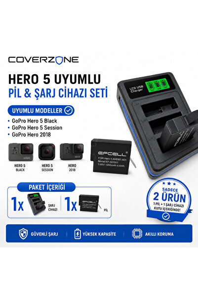 Coverzone 1 Adet GoPro Hero 5/6/7/8 Uyumlu Batarya 3 Slot LCD Batarya Şarj Ci...