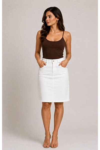 TugsatTasarTekstil Women's High Waist White Summer Denim Skirt with Back Slit...