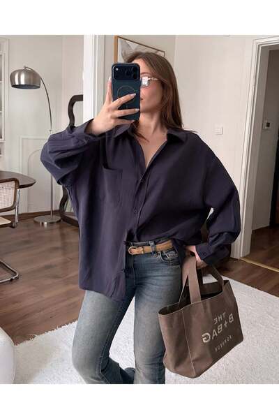 FERZOLAİO Bambu Oversize Lacivert Gömlek