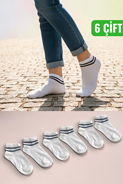 Socks Stores 6 Pairs of Women's White Striped Cotton Booties Socks
