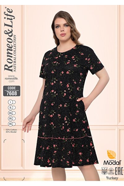 ROMEO LİFE Women's Plus Size Cotton Modal Fabric Patterned Buttoned Dress 7608