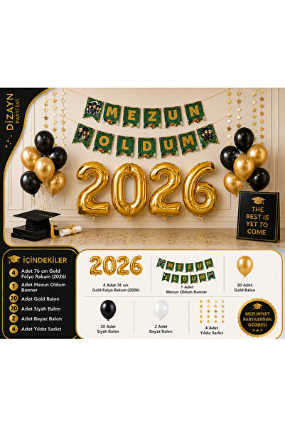Dizayn Parti Evi 2026 Mezuniyet Parti Seti Gold Siyah | 2026 Gold Folyo Rakam...